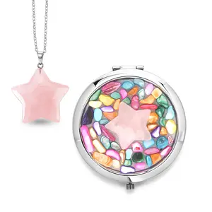 Livmore Pink Cosmetic Gemstone Mirror with Matching Rose Quartz Heart Necklace 20 Inches in Silvertone