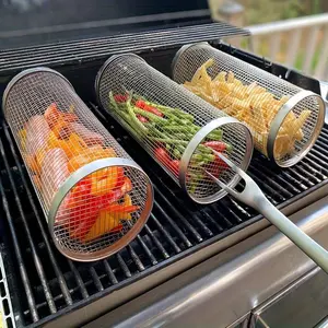 Stainless Steel Barbecue Grill Basket, 1 Set Portable Rotating Grill Basket & Barbecue Fork, Outdoor Barbecue Tool for Camping Picnic