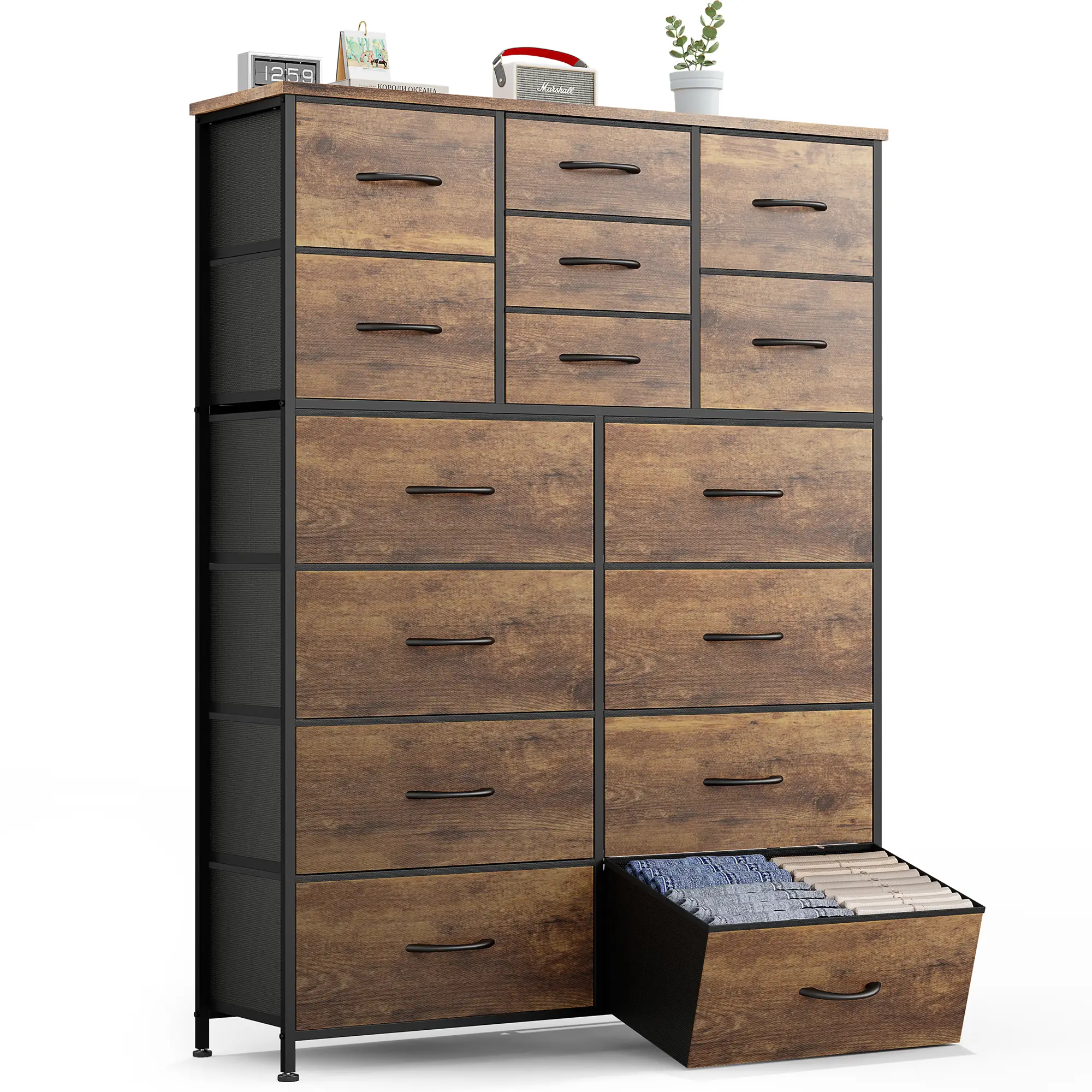 AOWOS 15 Drawers Dresser, Tall Dressers for Bedroom with Heavy Duty Wood and Metal, Dresser Furniture, for Bedroom, Closets, Living Room, Storage Orga