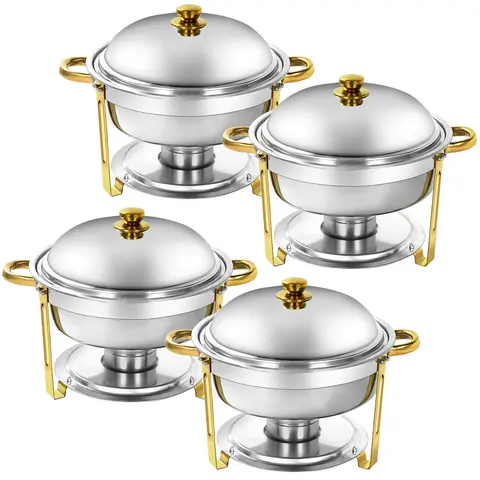 Stainless Steel Chafing Dish Buffet Set - Kitchenware 2-Pack, 6-8 Dish Set Round Golden 6 Qt Serving Units with Lids, Thermal Food Warmers for Parties, Catering