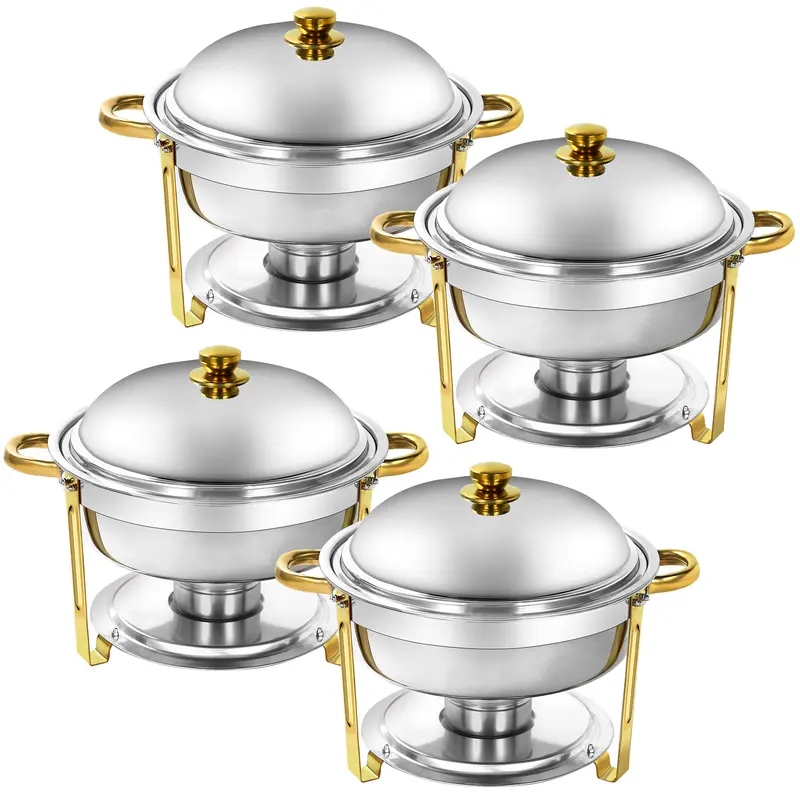 Stainless Steel Chafing Dish Buffet Set - Kitchenware 2-Pack, 6-8 Dish Set Round Golden 6 Qt Serving Units with Lids, Thermal Food Warmers for Parties, Catering