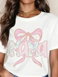 Mother's Day Mama Bow T-Shirt Pink Floral Design Women's Casual Top Gift For Mom Easter Gifts