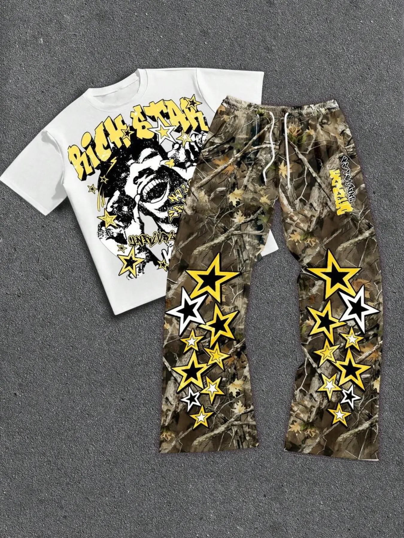 Street Style Star Graffiti 3D Print Short Sleeve Set Outfit, Casual Matching Sets, Fashion Men's Round Neck T-Shirt + Camouflage Long Pants, All Season Daily Wear, Multi-Scene Use Streetwear