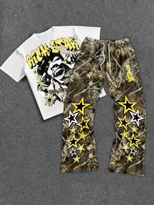 Street Style Star Graffiti 3D Print Short Sleeve Set, Fashion Men's Round Neck T-Shirt + Camouflage Long Pants, All Season Daily Wear, Multi-Scene Use Streetwear