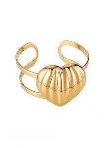 Vintage Two-Tone Heart Cuff Bracelet, Luxury Heart Design, Thick Open-Ended Bracelet, Enhance Your Style, All Seasons Boho Jewelry