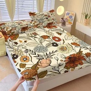 Vintage Floral Fitted Sheet Set and 2 Coreless Pillowcases, Vintage Morandi Hand-painted Floral Mattress Protector, Soft Anti-Slip Wrinkle-Resistant Bedding, American Vintage Style Bedroom Decor, Gift Choice