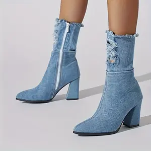 Women's Denim Thigh High Boots Cutout Over The Knee Blue Jean Boots Heel Height 8.5cm Platform Walking Shoes Elegant Footwear For Party Work Date Wedding Light Blue