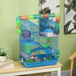 Blue Multi Level Small Animal Cage Connected Pipe Tunnel System Lightweight Metal Wire Habitat For Dwarf Hamster Gerbil