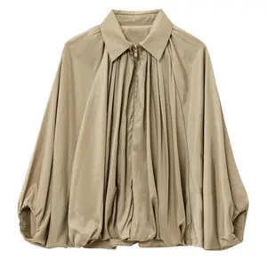 Women's Puffed Bomber Jacket with Batwing Sleeve Lapel Collar Zip Oversized Pleated for Casual Streetwear