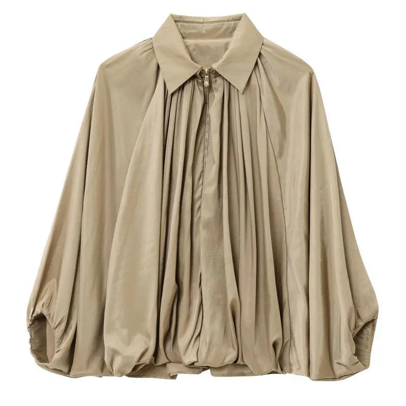 Women's Puffed Bomber Jacket with Batwing Sleeve Lapel Collar Zip Oversized Pleated for Casual Streetwear