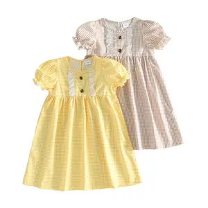Toddler Baby Little Girl Plaid Dresses Lace Trim Puff Sleeve Crewneck A-line Gingham Dress for Summer Spring 2-7 Years