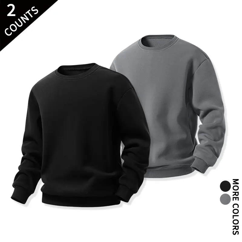 Men's 2-Pack White + White Minimalist Plain Round Neck Long-Sleeve Thick Fleece Pullover Sweatshirts - Soft, Loose Fit, Drop Shoulder, Breathable, Casual Preppy Style, Everyday Wear, Outdoor Jogging