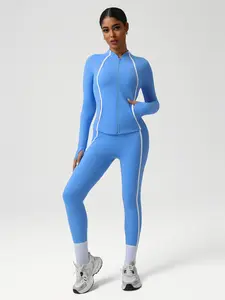 Women's Colorblock Striped Zip Pocket Long Sleeve Windproof Sun Protection Jacket and High Waist Slimming Pants Set, Fall & Winter Casual Fashion