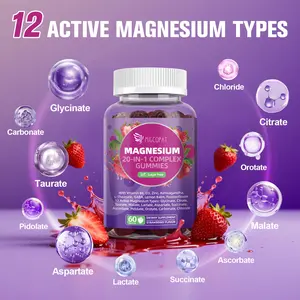 Migcopat Magnesium Complex Gummies 20-in-1 with Glycinate Citrate Malate Taurate Ashwagandha L-Theanine D3 Zinc for Relaxation Sleep Muscle Heart Support Strawberry Flavor 60 Cts