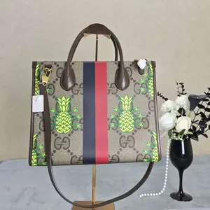Pre-owned GUCCI leather Tote Bags Pineapple Collection GG Supreme Canvas Tote Bag with Web Stripe 00304