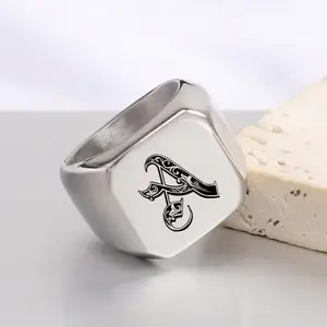 Fashion 26 British Titanium Rings Men's Vintage Punk Square Polishing Ring Design Letters Hand-troping Engagement Rings