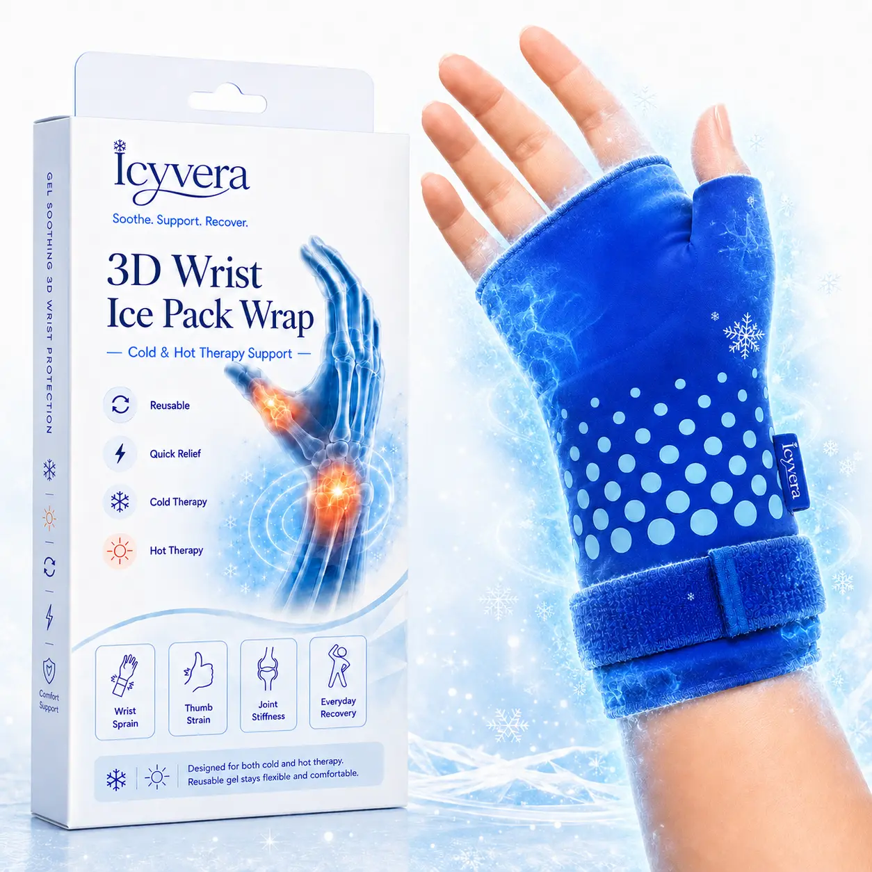 Icyvera Wrist Ice Pack Wrap with Adjustable Strap, Hot & Cold Therapy Wrist Brace for Sore Wrist, Swelling & Thumb Support, Reusable 3D Gel Wrap, Gift Pick for Family