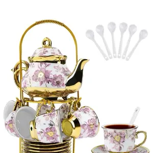 20-Piece Porcelain Tea & Coffee Set with Metal Holder, European Ceramic Teapot, Cups, Saucers & Spoons for Adults, Flower-Painted Kitchenware