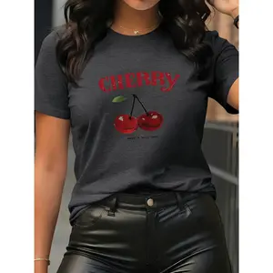 100% cotton women's cherry print short-sleeve round-neck T-shirt - sporty casual style, soft and breathable, 95% polyester 5% spandex 180g, printed design, fresh for summer, cute and playful, stylish and eye-catching, comfortable and casual