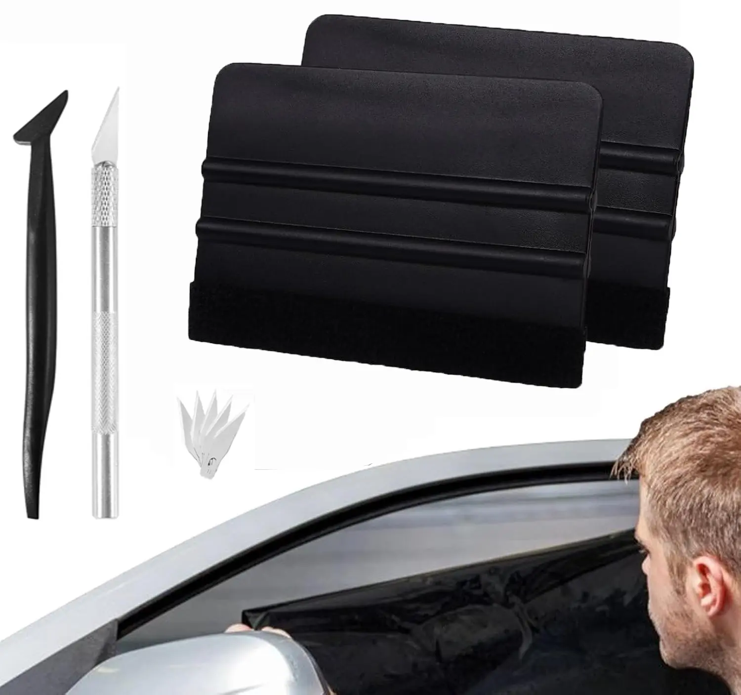 4PCS Window Tint Kit, Profession Car Wrap Kit with Felt Squeegee, Craft Knife and Blades,Micro Squeegee for Vinyl Wrap Tools Tint Tools,Wallpaper Smoothing Tool Kits