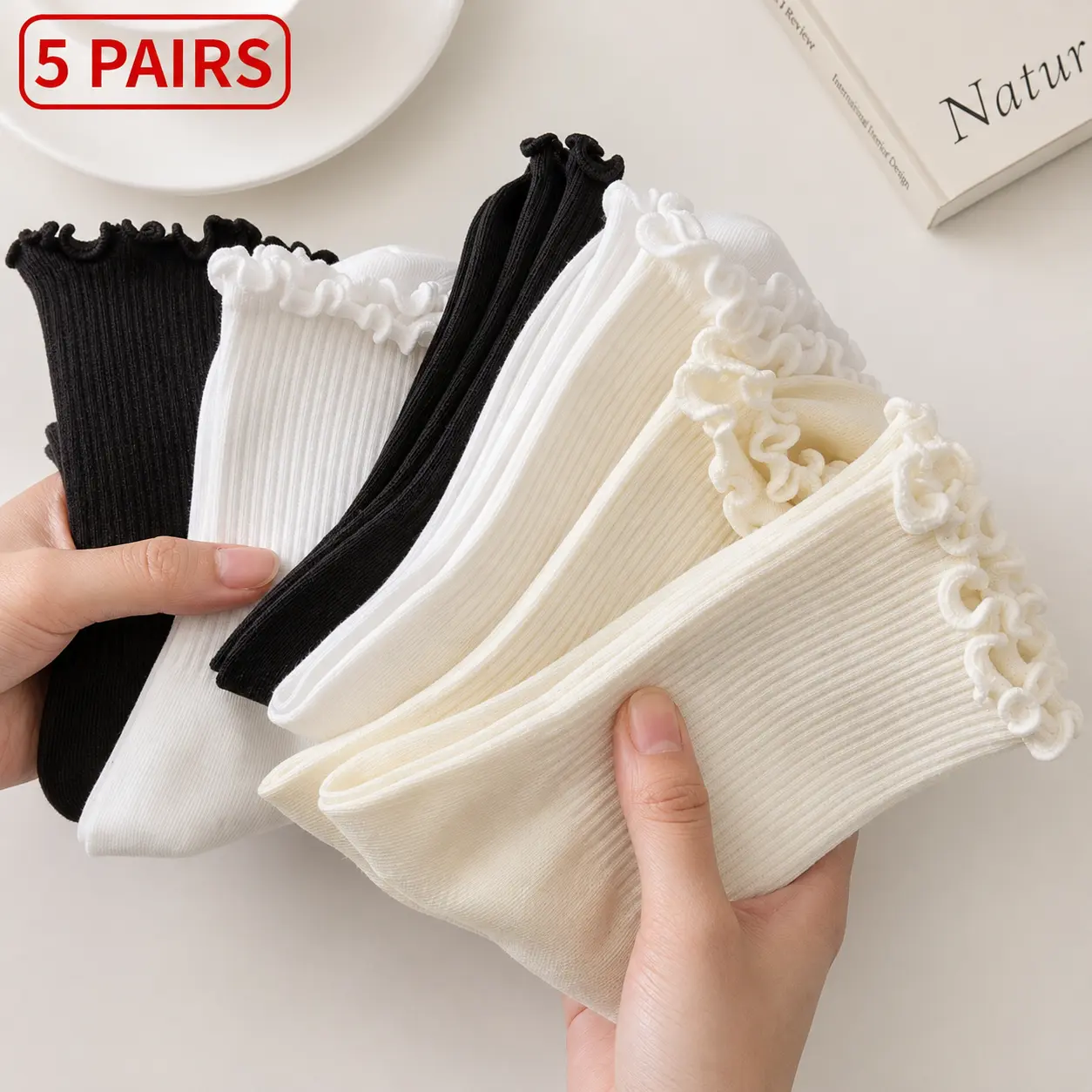 5 /10 Pairs Lot Socks for Women Ruffle Middle Tube Ankle Short Breathable Black White Set Spring Autumn