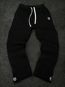 Men's Fall Casual Sporty Zipper Embroidered Pants, Straight Leg Sweatpants Drawstring Waist Athleisure Long Trousers, Comfortable and Stylish Workout Wear