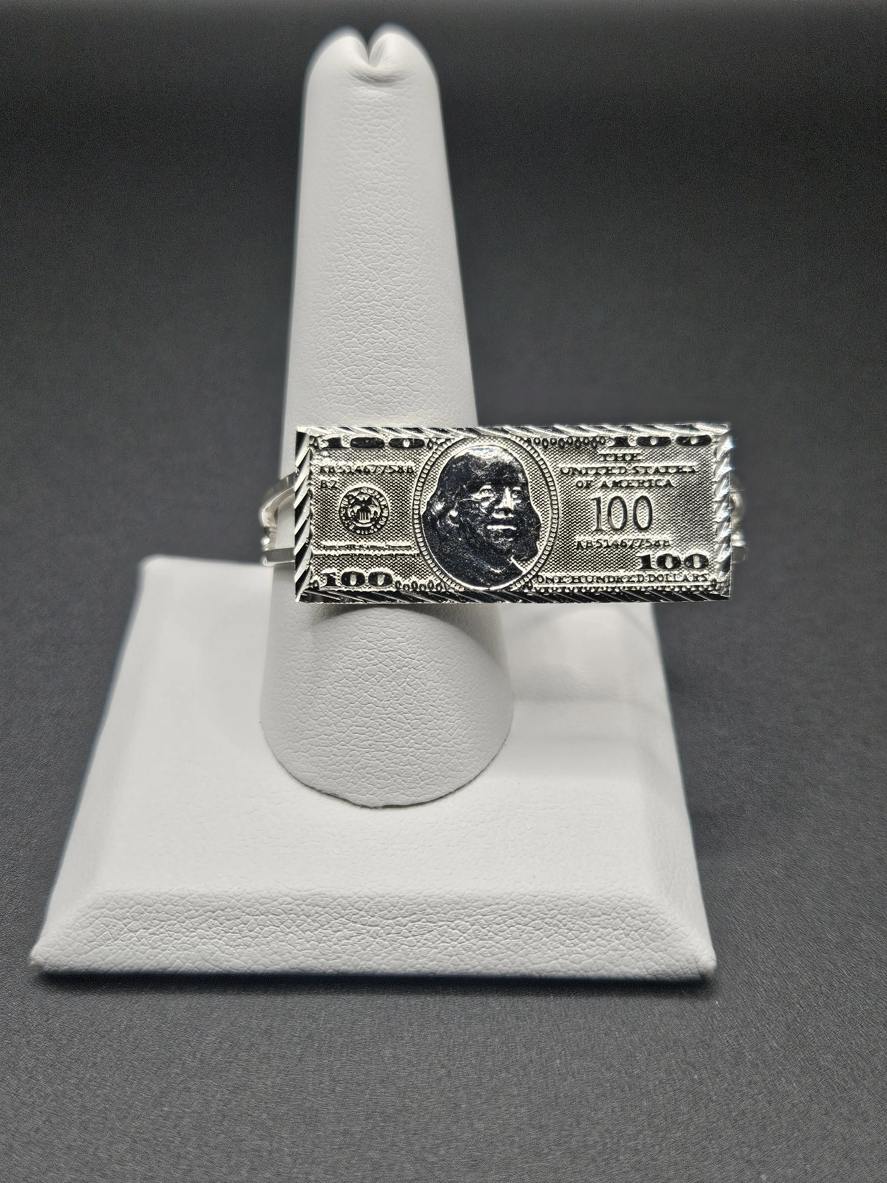 925 Sterling Silver 100 Dollar Bill Two Finger Ring