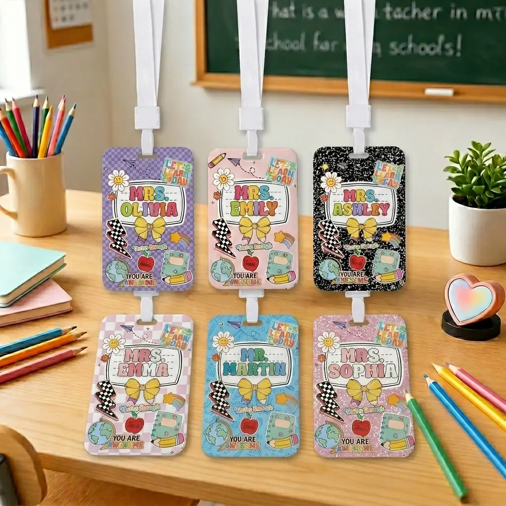 Personalized Composition Notebook Teacher ID Badge Holder, Custom Name Plastic ID Card Holder, Teacher Lanyard Accessory, Back to School Gift, School Staff Badge Sleeve