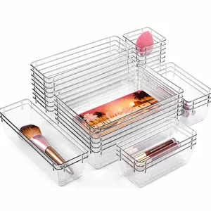 44 PCS Clear Plastic Drawer Organizers Set, 4-Size Versatile Bathroom and Vanity Organizer Trays, Non-Slip Storage Containers for Makeup, Jewelries, Bedroom,Kitchen Utensils and Office