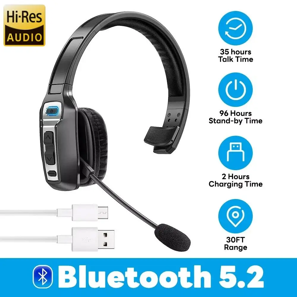 Bluetooth 5.2 Electronic Audio Trucker Headband Headset, Adjustable Wireless Headphone with AI Noise Cancellation Mic, 60H Battery, 2H Fast Charge, 270° Rotatable Mic, Dual Device Connection, Memory Feature for Phones, PC Warehouse Use