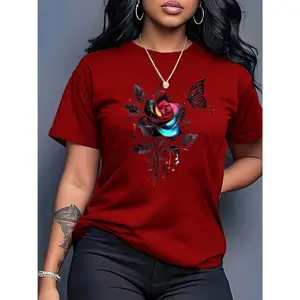 Women's 1pc Seamless Sports Top, Casual Round Neck Short Sleeve Graphic T-Shirt with Romantic Floral and Butterflies Print, Polyester Knit Fabric, All-Season Wear