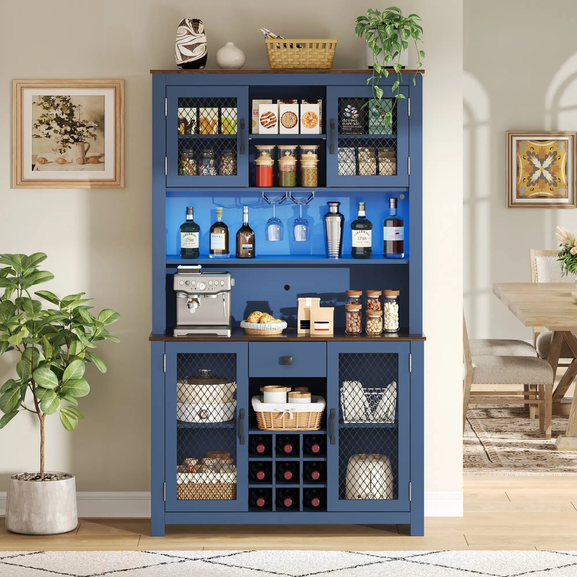 70.9" Kitchen Pantry Storage Cabinet with LED Outlets, Rustic Buffet Hutch with Doors Shelves Wine Rack, Tall Food Pantry Cabinet for Dining Room Living Room, Navy Blue, Home Furniture and Household Product Search Terms for US Online Shopping