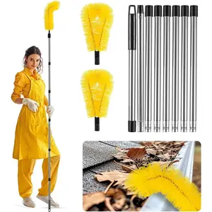 Adjustable Telescopic Gutter Cleaning Brush with Long Reach Pole, 8 Heavy-Duty Iron Rods, 2 Flexible Brush Heads for Safe Leaf and Debris Removal