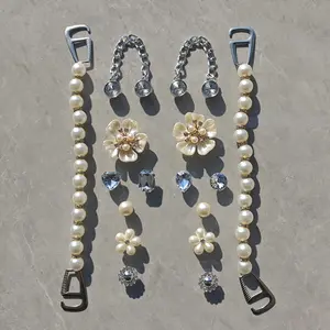 Luxury 16Pcs Pearl Chain Crocs Charms - Rhinestone Flower Shoe Decorations ONLY, Shoes Not Included