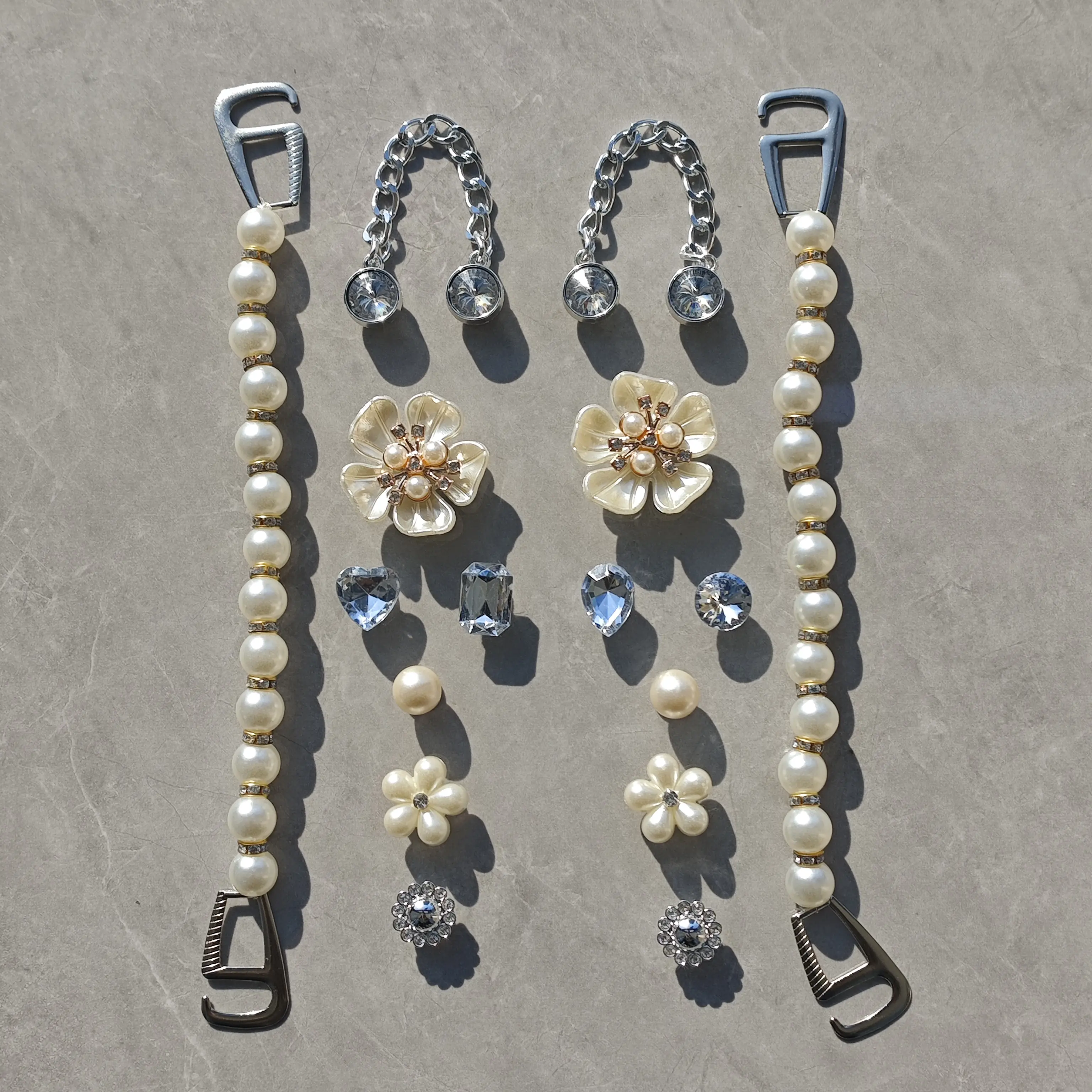 Luxury 16Pcs Pearl Chain & Rhinestone Flower Shoe Charms – Decoration ONLY, Shoes Not Included