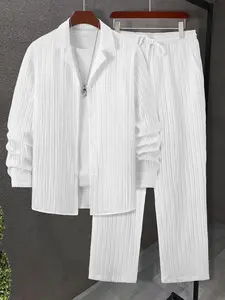 Two-Piece Set Men's Solid Color Button Front Shirt & Pants, Casual Long Sleeve Collared Top & Trousers for Daily Wear, Men's Two-piece Outfits for All Seasons