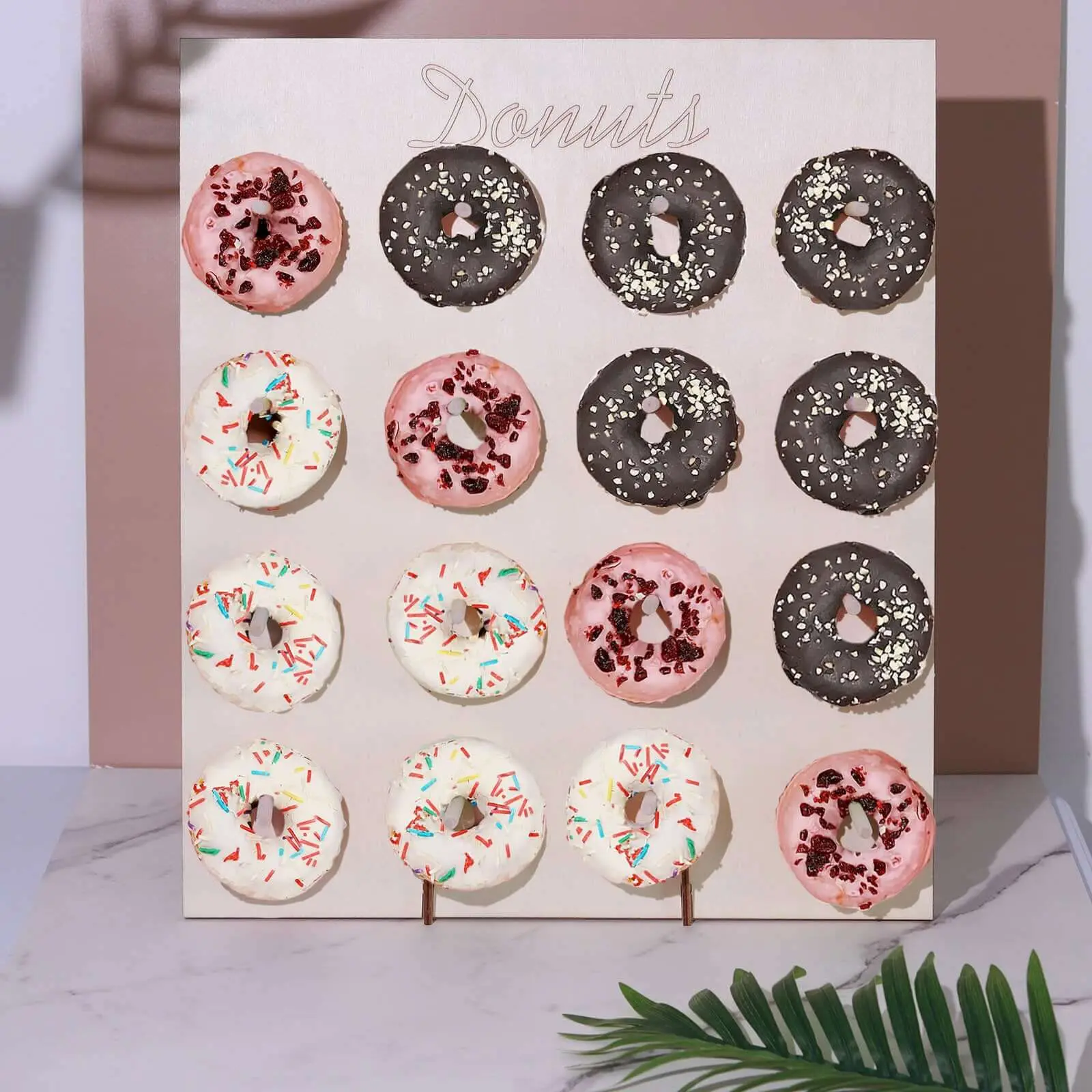 19" Rectangle Natural Wooden Donut Wall Stand - 2-Leg, 16-Pole, Hangable, Wall-Mount, Detachable, Space-Saving Pegboard Dessert Holder for Birthday Parties, Interior Decoration Accessories Home Supplies