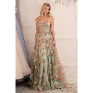 Andrea & Leo A1420 Dress Sage Floral Print Layered A-Line Gown