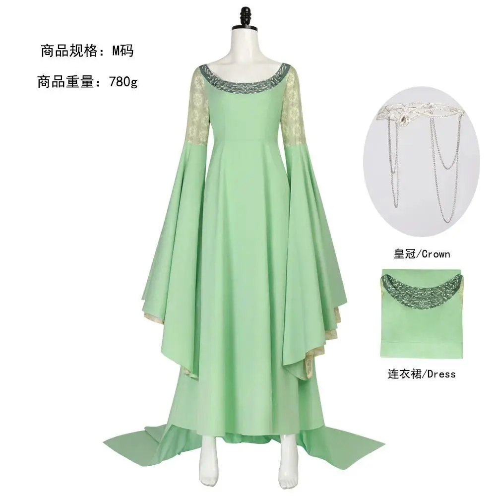 Women's Arwen Elven Princess Cosplay Polyester Gown Set - Green Long Elegant Fantasy Dress, Crown Props, Multi-Size Including XXL, for Halloween, Fancy Dress Party, Game Anime Role-Playing (Lord of the Rings), Shorts