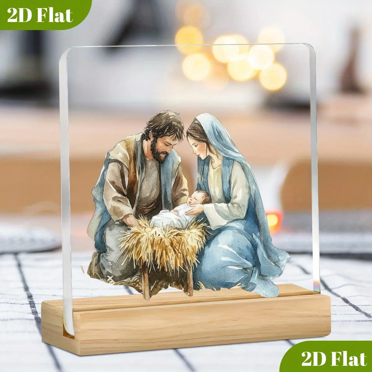 2D Flat Acrylic Nativity Scene Ornament Wooden Base Jesus' Birth with Mary Jesus & Angel Stable Manger Figurine Replica Pastor's Day Gift, Christmas Decorations, Home Altar Decor, Religious Items, Vintage Christmas Decorations