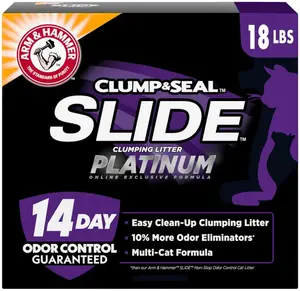 ARM & HAMMER Clump & Seal SLIDE Platinum Multi-Cat Clumping Cat Litter, 14-Day Odor Control, EZ Clean Technology, 18 lbs – No Scrubbing, Powerful Odor Eliminator