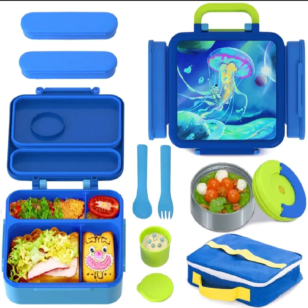 Binto Box - Blue Thermal Lunch Box with Underwater Jellyfish Design Includes Utensils and Divided Compartments for Organized Snacks Perfect for School or Work Tableware