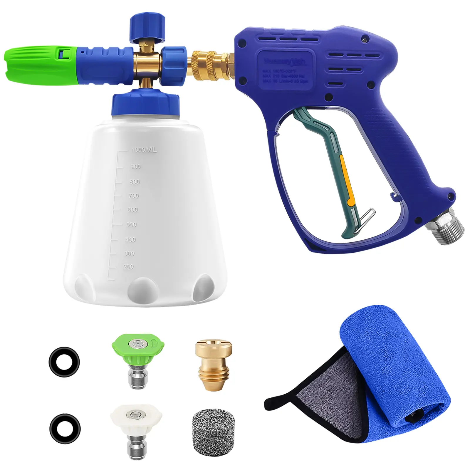 YeewayVeh Pressure Washer Gun with Foam Cannon, Short Power Washer Gun with M22-14 Connector, 1/4 Inch Quick Connector Foam Cannon Soap Sprayer with 2 Nozzles for Car Wash, Blue