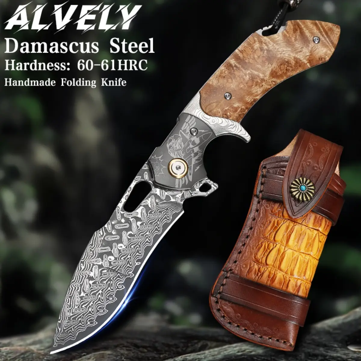 ALVELY Handmade Damascus Steel Folding Pocket Knife with Leather Sheath, White Shadow Wood Handle, Outdoor Camping EDC Knife, Great for Travel, Daily