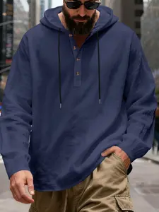 Spring Summer New American Style Plain Loose Linen Men's Breathable Hooded Long Sleeve Beach Henry Henley Neck Sweatshirt