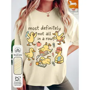 Women's Oversized Short Sleeve Graphic Tee With 'Most Definitely Not All In A Row' Funny Duck Doodle Print, Teacher Life Humorous Casual T-Shirt For Women