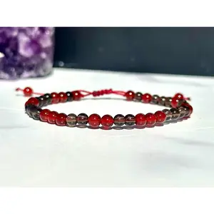 Carnelian & Smoky Quartz Adjustable Bracelet, 4mm Beads, Dainty Bracelet, Grounded Motivation, Courage & Confidence, Creativity & Focus