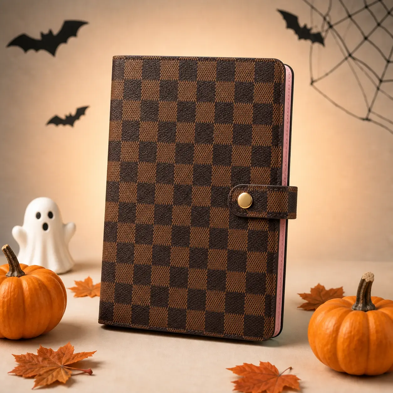 A5 Checkered PU Leather 6-Ring Refillable Planner Binder with 80 Grid Pages, Card Slots, Pen Loop & Snap Closure, Aesthetic Notebook for Journaling, School, Office, Daily Planning & Halloween Gifts for Women