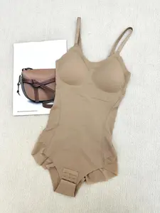 Women's Adjustable Spaghetti Strap Backless Padded Shapewear Bodysuit, Summer Clothes Women, Knitted Solid Ruched Seamless Wireless Basic Bodysuit for Summer, Women's Shapewear for Everyday Wear