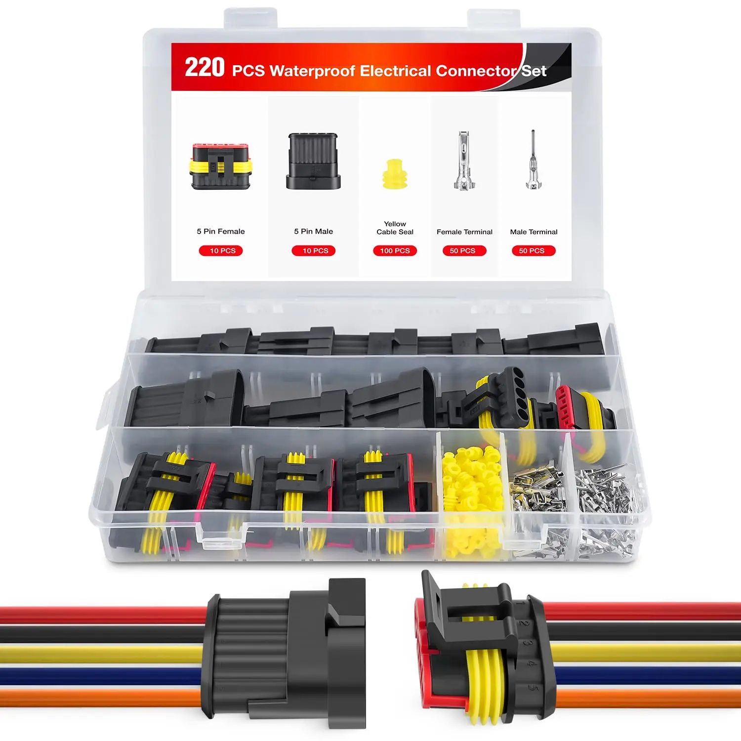 Nilight 220PCS 5-Pin Terminal Plug Kit, 10 Sets Male-Female Terminal Wires, PA66 Nylon, Waterproof Seal, LED- & LED Light Bar-Compatible for Car, Scooters, Home DIY, Twinkle Light Electrical Projects, Durable Reliable Connectors